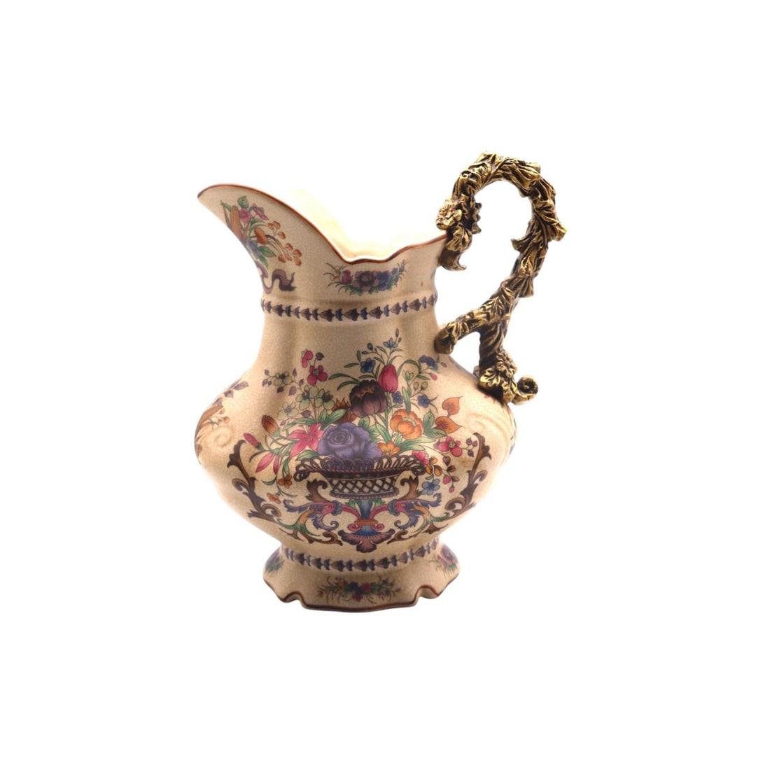 Antique-Style Floral Ceramic Pitcher with Gold Ornate Handle (1 of 3)
