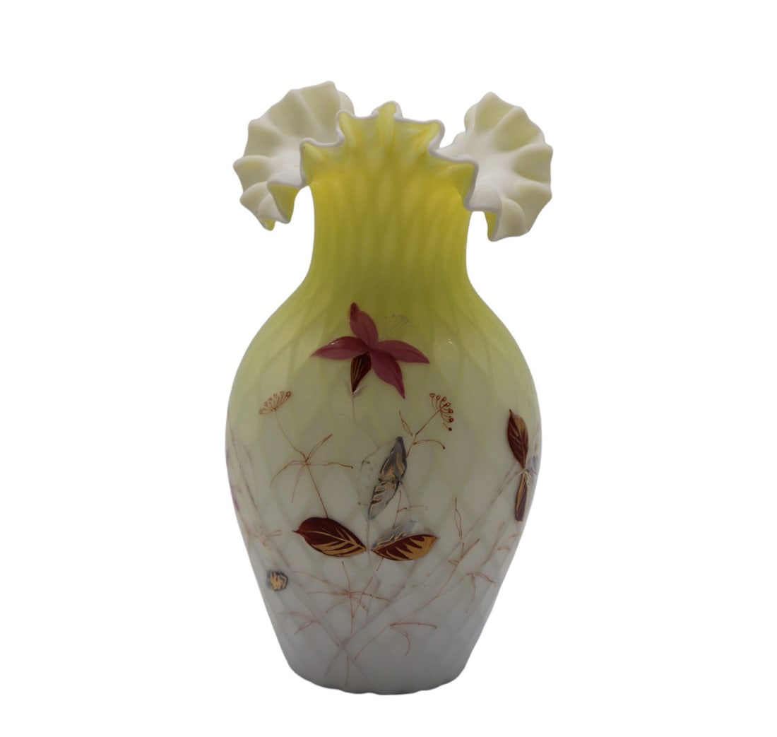Victorian Satin Yellow Diamond Quilted Ruffled Hand Blown Vase (1 of 2)