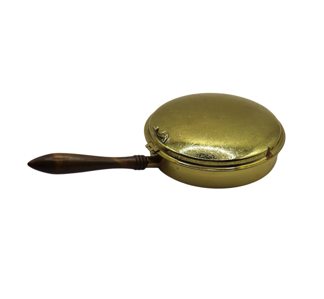 Antique Victorian Etched Brass Bed Warmer w/ Wood Handle (1 of 3)