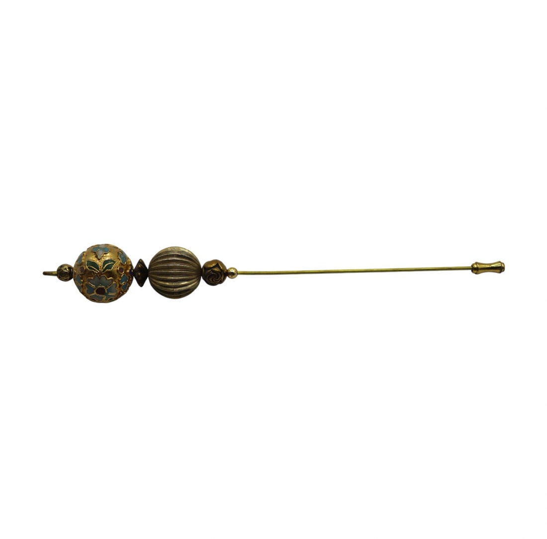 Vintage Brass Hat Pin / Stick Pin with Gold & Floral Double Bead Design (1 of 2)