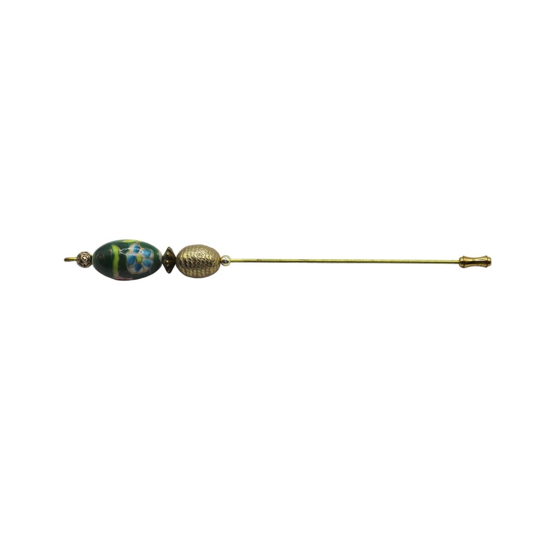 Vintage Brass Hat Pin / Stick Pin with Gold & Floral Double Bead Design (1 of 2)