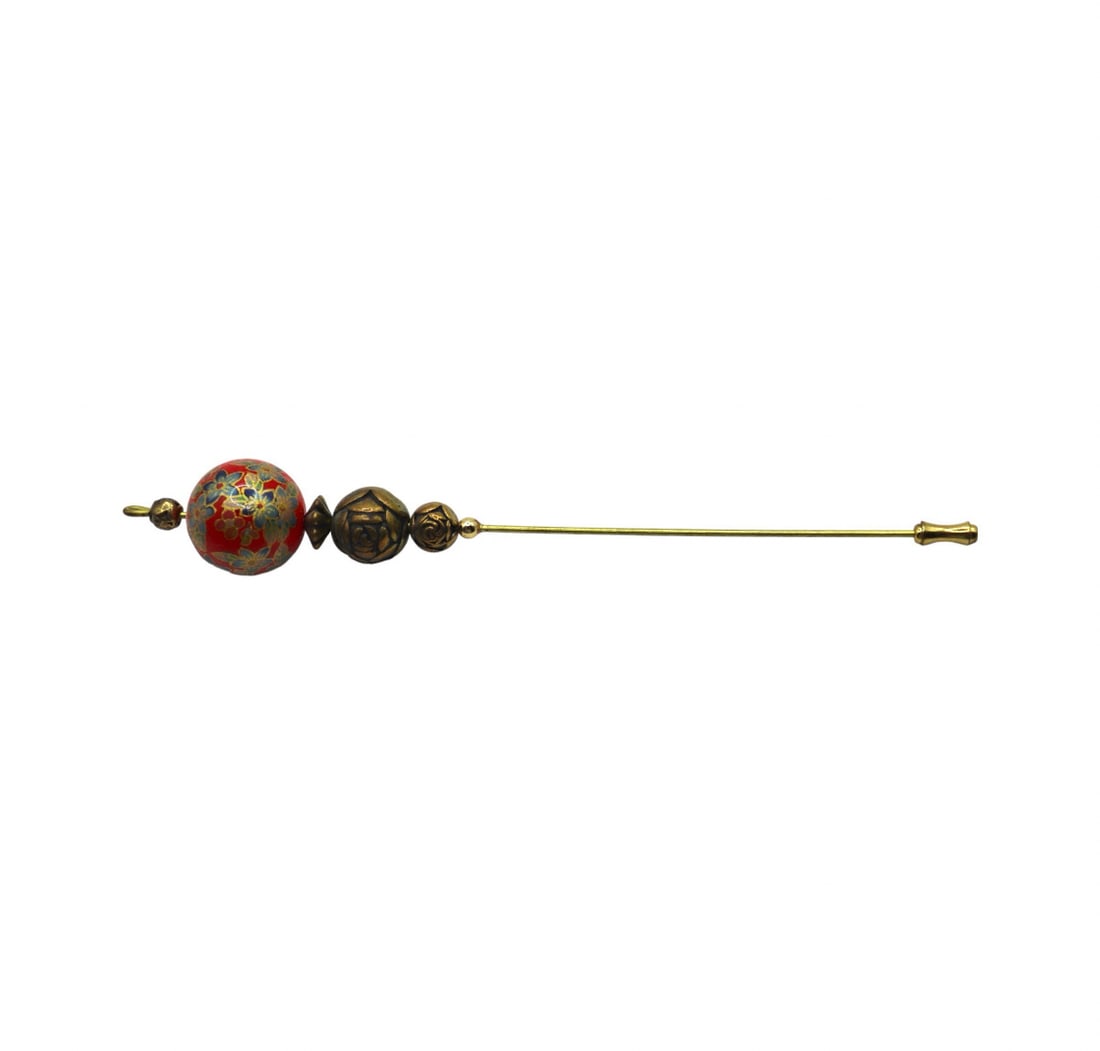 Vintage Brass Hat Pin / Stick Pin with Gold & Floral Double Bead Design (1 of 2)