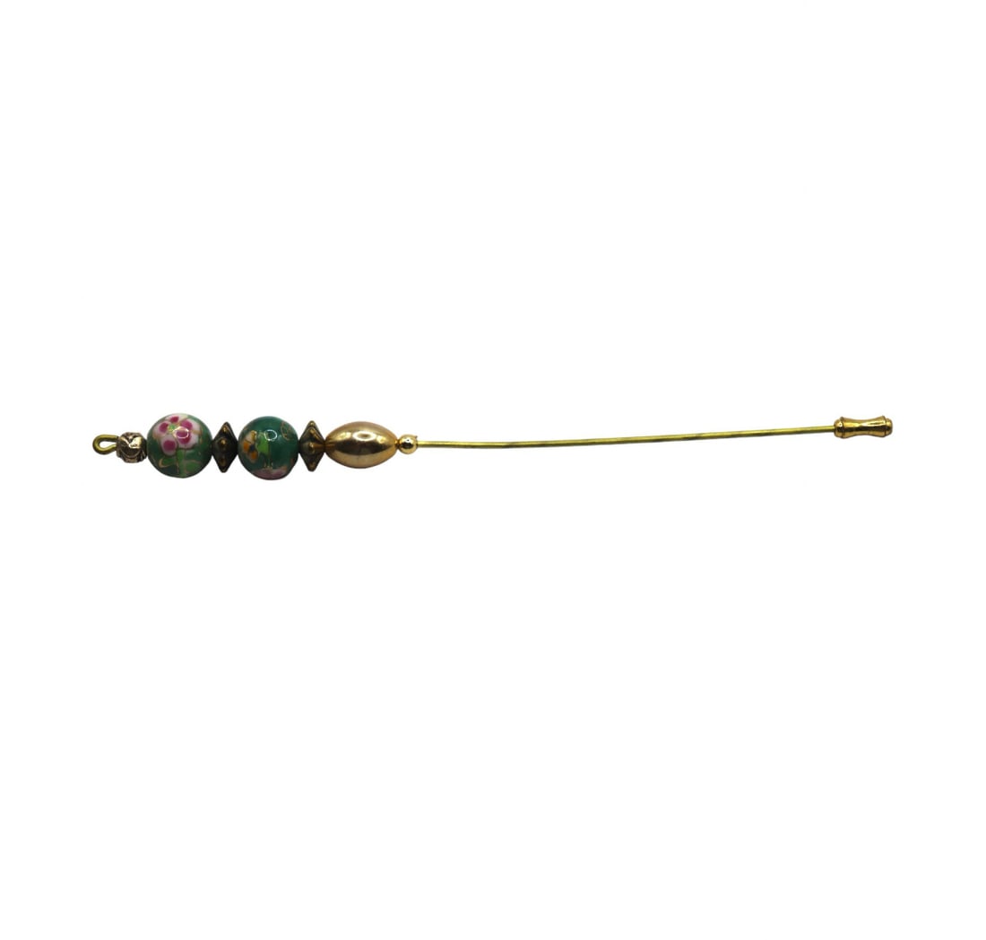 Vintage Brass Hat Pin / Stick Pin with Gold & Floral Double Bead Design (1 of 2)