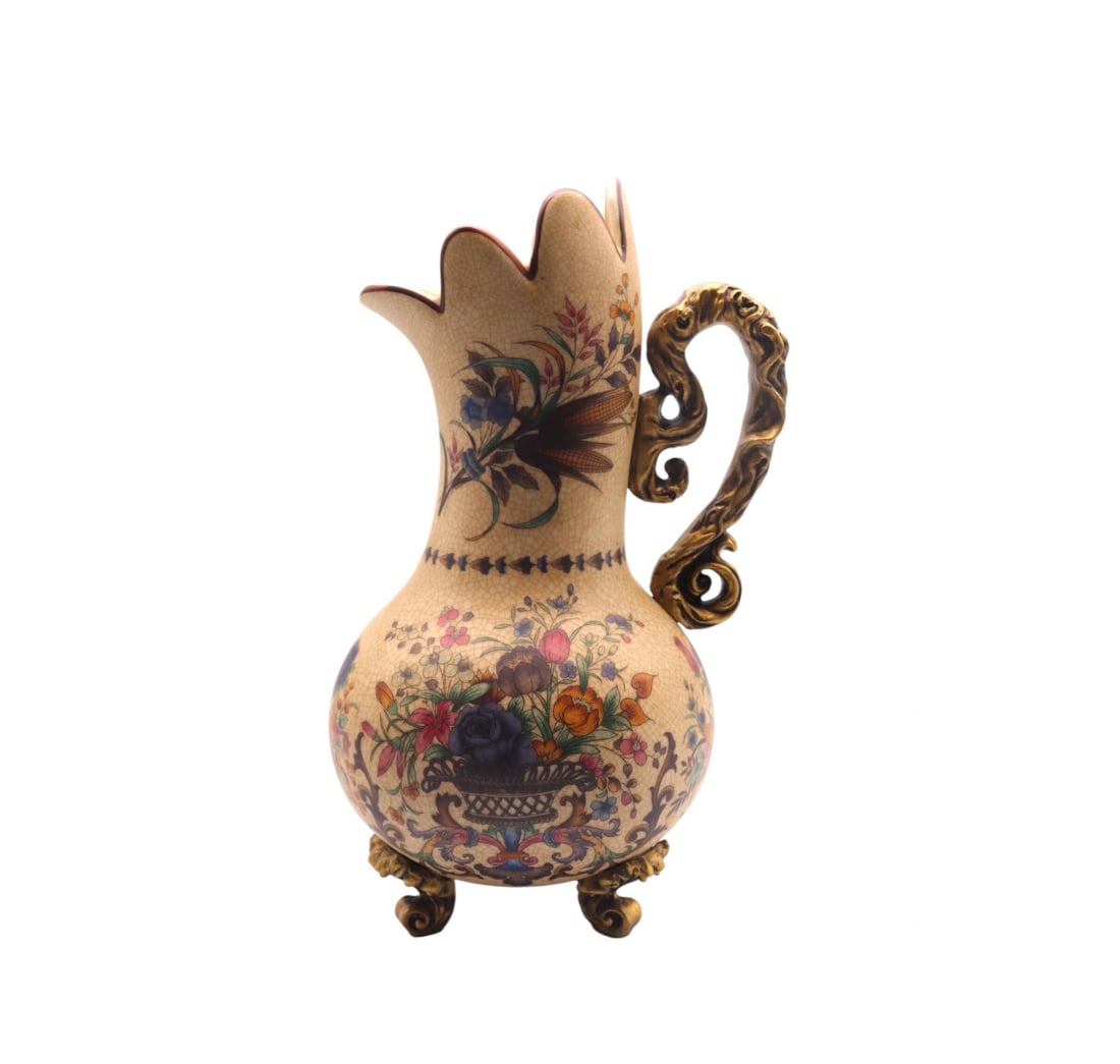 Antique-Style Floral Ceramic Pitcher with Gold Ornate Handle (1 of 3)