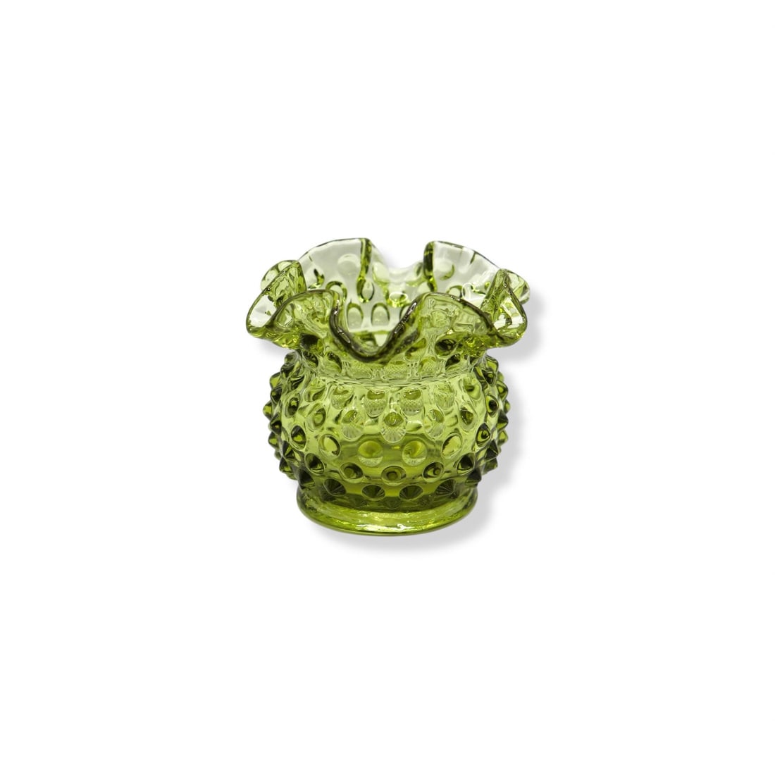 Fenton Art Glass Colonial Green 3” Double Crimped Vase: Fenton Art Glass Colonial Green 3” Double Crimped Vase standing 3 inches tall and featuring a vibrant colonial green hue with a hobnail texture and an elegant double-crimped ruffled edge. The va