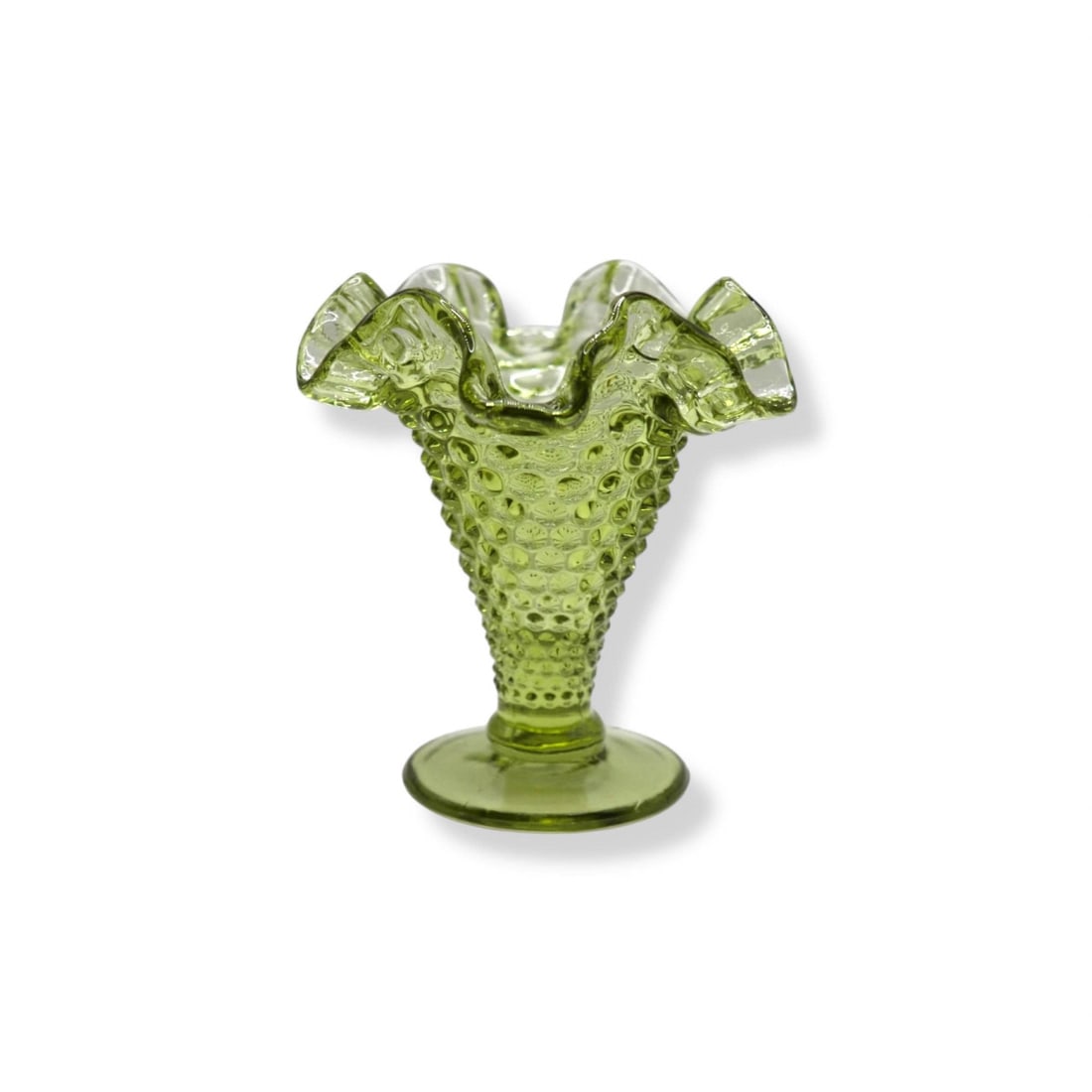 Fenton Art Glass Colonial Green 4” Double Crimped Footed Vase: Fenton Art Glass Colonial Green 4” Double Crimped Footed Vase standing 4 inches tall and featuring a vibrant colonial green hue with a hobnail texture and an elegant double-crimped ruffled edge.