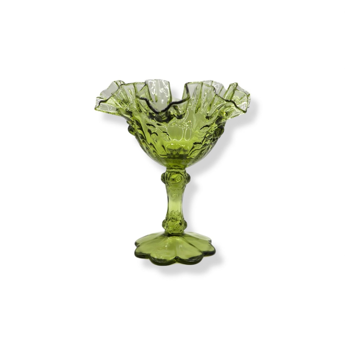 Fenton Art Glass Colonial Rose Green Small Comport: Fenton Art Glass Colonial Rose Green Small Comport measuring 6 1/2 inches tall and featuring a vibrant colonial green hue with a rose texture and an elegant double-crimped ruffled edge. The comport is