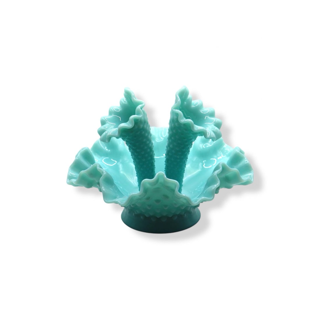 Fenton Art Glass Turquoise Hobnail Two Horn Epergne Centerpiece Vase (1 of 2)