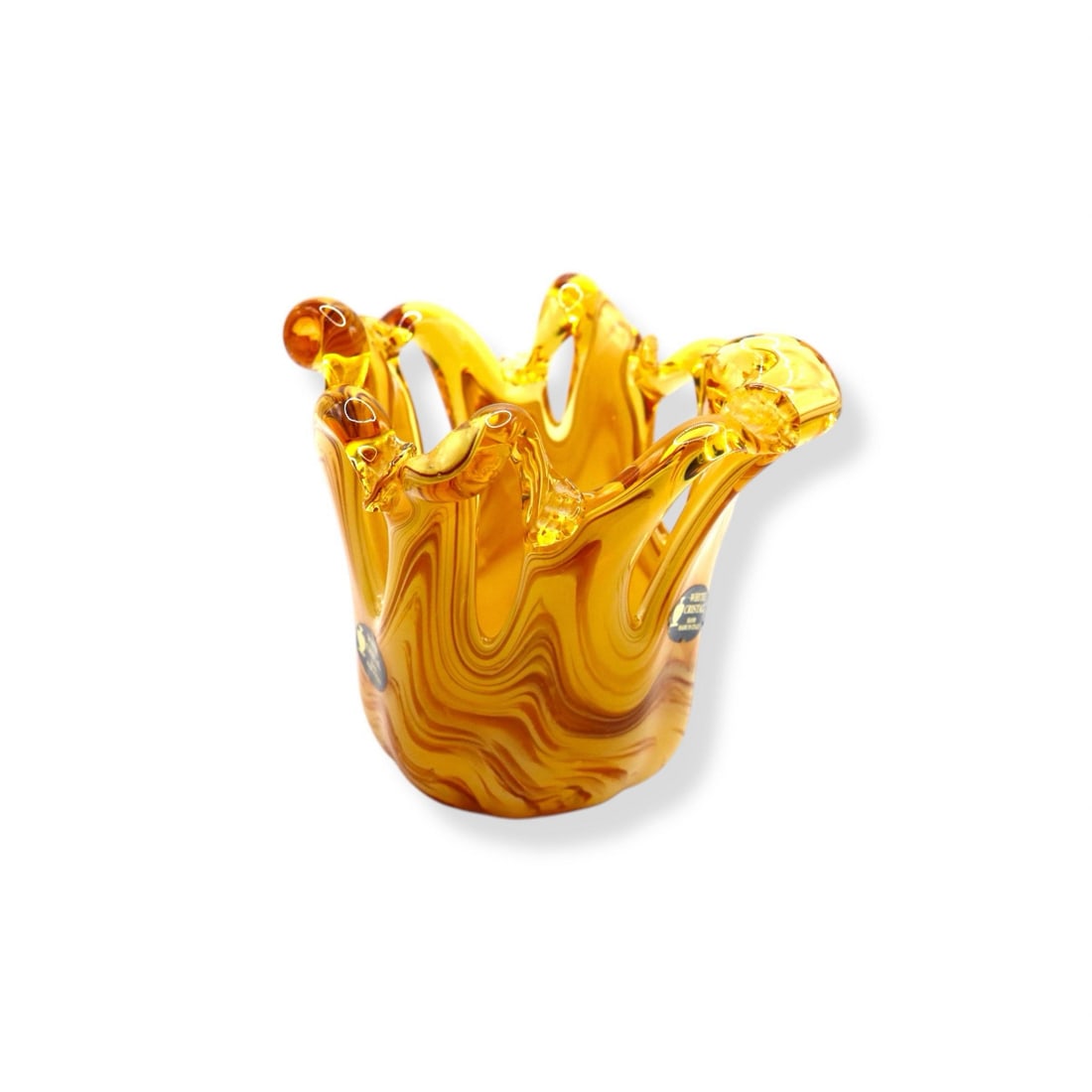 Murano Style White Cristal Amber Swirl Hand Blown Glass Small Vase: Murano Style White Cristal Amber Swirl Hand Blown Glass Small Vase showcasing exquisite craftsmanship, featuring a stunning amber swirl design with crown-like edges. Standing 4 inches tall, this vase 