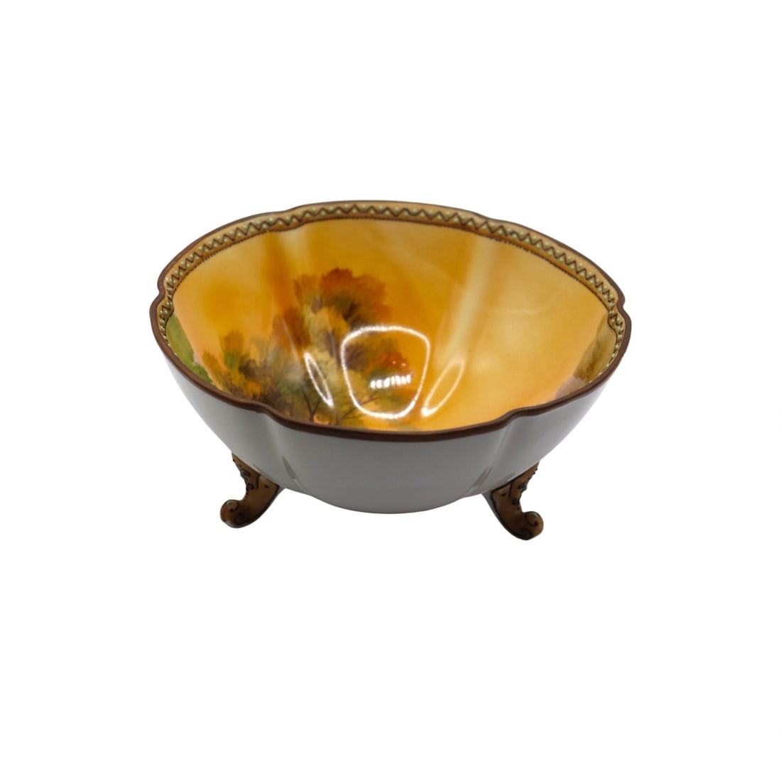 Nippon Hand Painted Landscape Footed Bowl: Nippon footed decorative bowl in great condition with no noticeable damage, no deep scratches, no cracks and no repairs. There are some slight areas of paint loss but it is very little. The piece feat