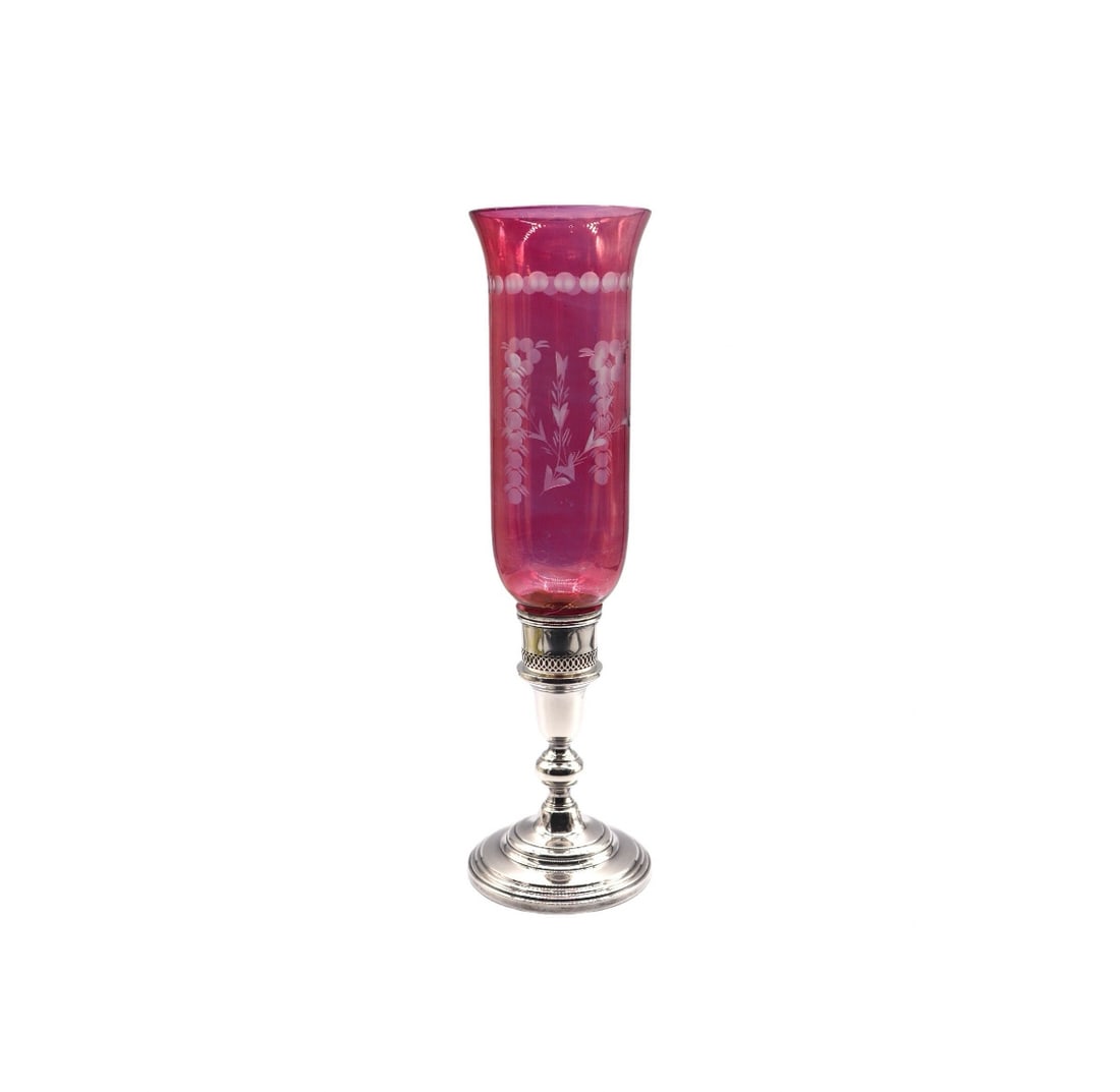 Mueck-Carey Sterling Silver Candleholder with Cranberry Cut to Clear Hurricane Shade (1 of 4)