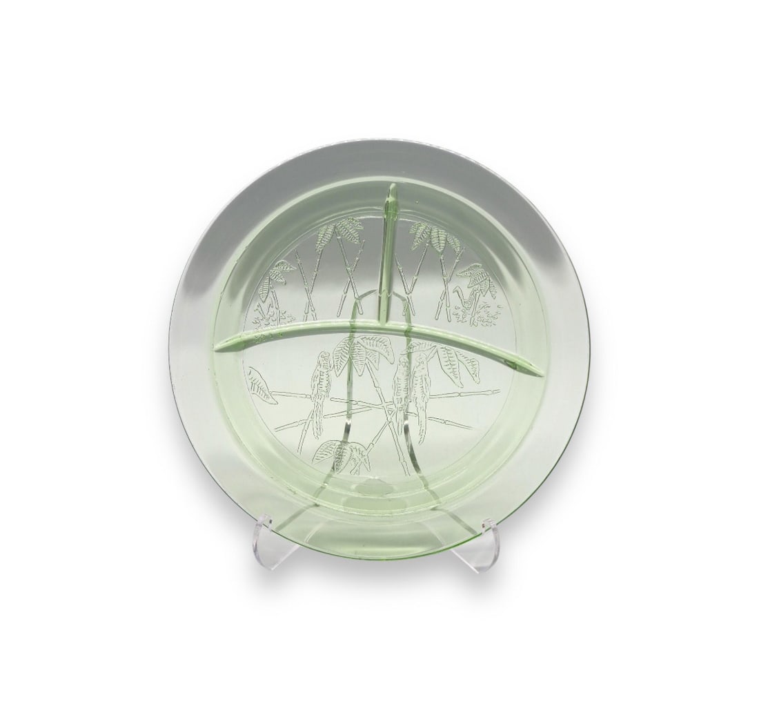Vintage Federal Glass Parrot Green Grill Plate: Vintage Federal Glass Parrot Green Grill Plate measuring 10 1/2 inches in diameter and featuring a charming parrot design with three divided sections. Made from green Depression glass, it’s a beauti