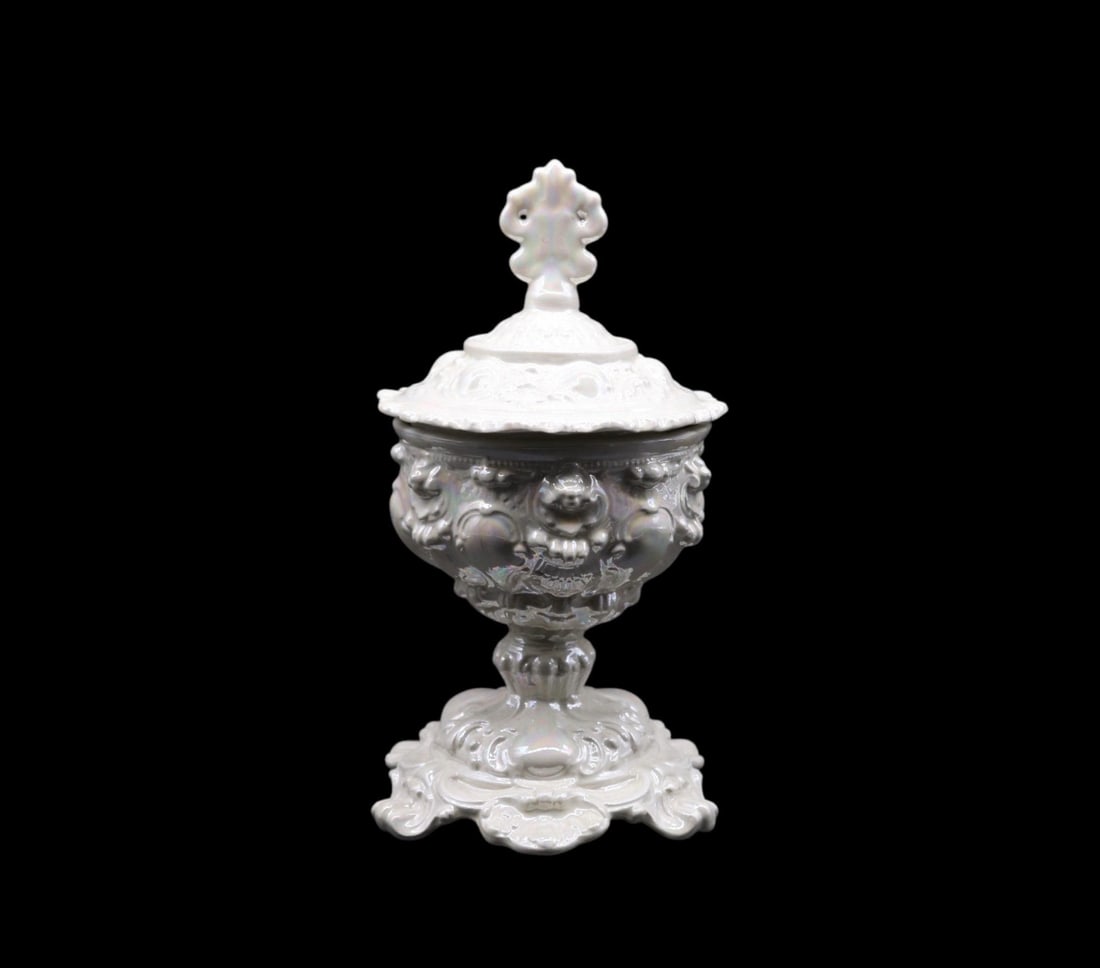 Vintage Iridescent Ceramic Lidded Compote with Ornate Baroque Design (1 of 3)