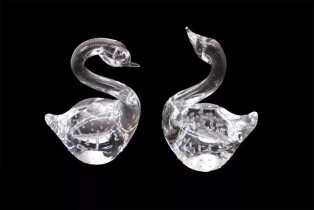 (2) Vintage Hand Blown Controlled Bubble Glass Swan Paperweights (1 of 3)