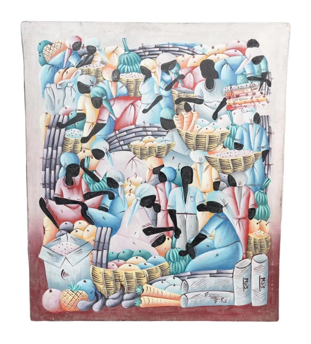 Vintage Authentic Haitian Oil on Canvas Painting: Haitian oil on canvas painting in good condition. The frame is damaged and either needs to be repaired or framed again. The canvas itself shows slight varnish and staining and also would benefit from