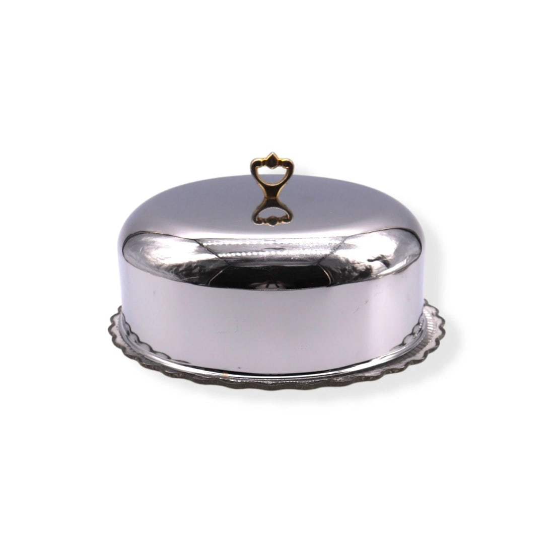 Vintage Kromex USA Chrome Cake Dome w/ Etched Glass Tray: Vintage Kromex USA Chrome Cake Dome with Etched Glass Tray is a stylish and functional piece of dinnerware and serveware. The tray features an elegant etched glass design, adding a touch of sophistica