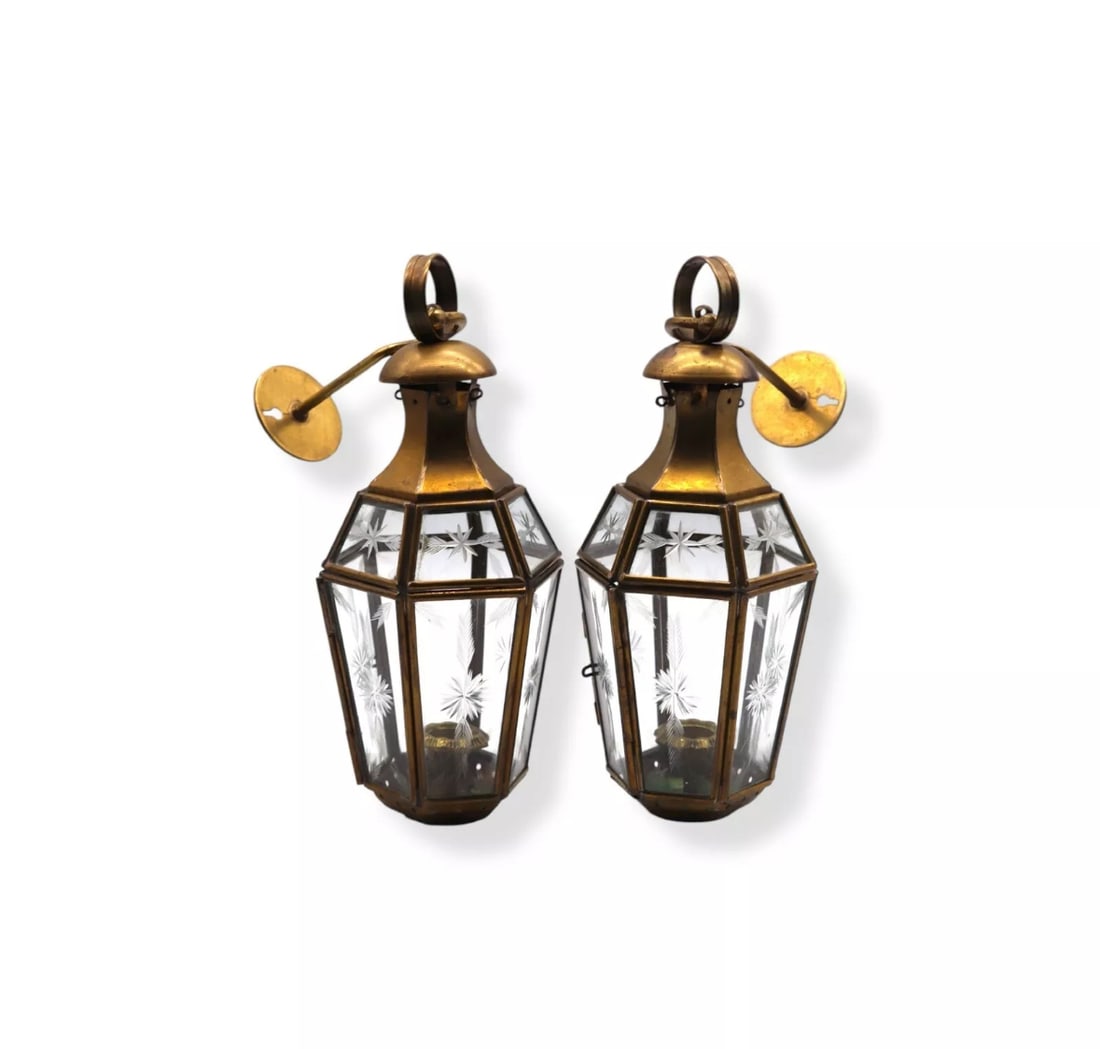 Pair of Vintage Turkish Brass & Etched Glass Candle Holder Lanterns (1 of 2)
