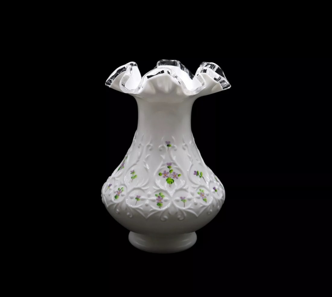 Fenton Art Glass “Violets in the Snow” Spanish Lace 8” Crimped Vase (1 of 4)