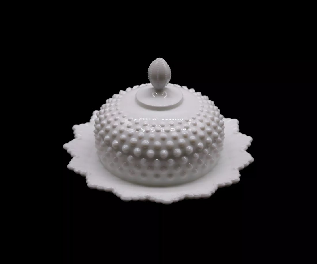 Fenton Art Glass White Hobnail Round Covered Butter Dish (1 of 3)