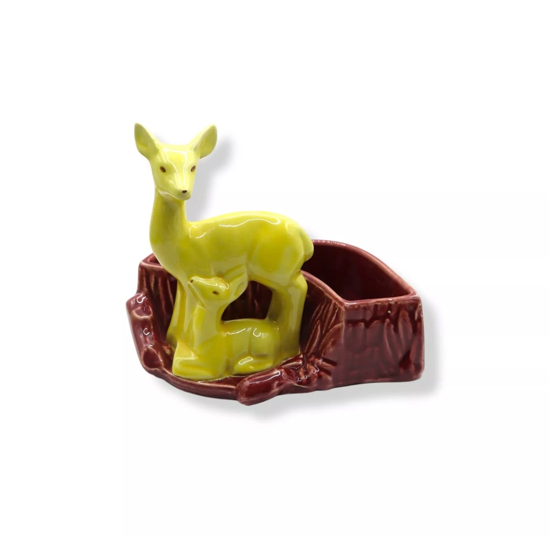 Shawnee Art Pottery Doe & Fawn Yellow and Burgundy Small Succulent Planter (1 of 4)
