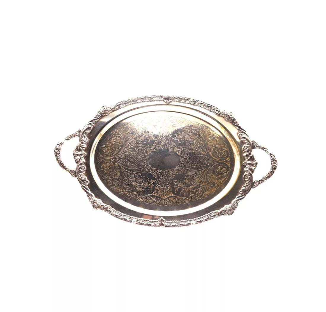 Vintage Silverplate on Copper Large Ornate Footed Serving Tray (1 of 3)