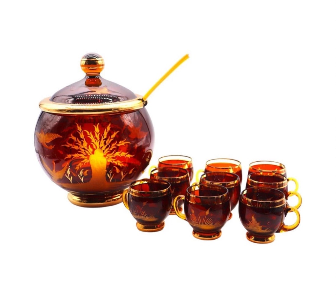 Vintage Czech Bohemia Crystal Etched Amber & Gold Punch Bowl Set - 11 Pieces MCM (1 of 5)