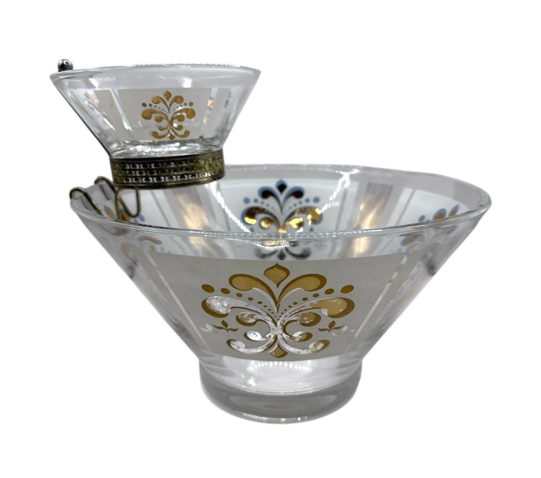 Vintage Anchor Hocking Chip & Dip Serving Bowl Set W/ Bracket Fleur De Lis MCM (1 of 4)