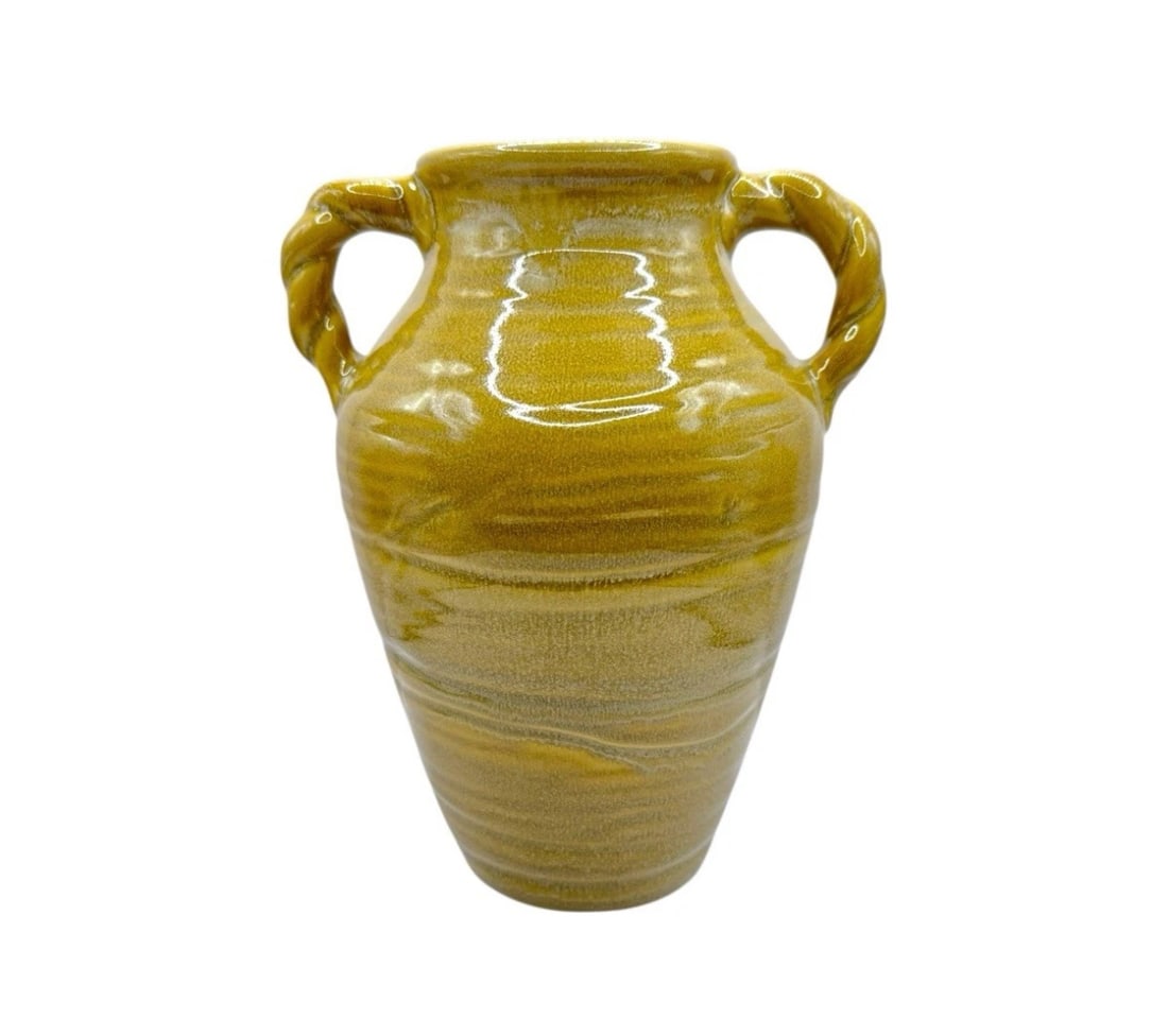Vintage Ceramic Glazed Mustard Urn / Vase With Twisted Handles: This vintage ceramic glazed mustard urn/vase with twisted handles is a unique and charming decorative piece. The unmarked brand adds to its sense of mystery and character. The ceramic material and twi