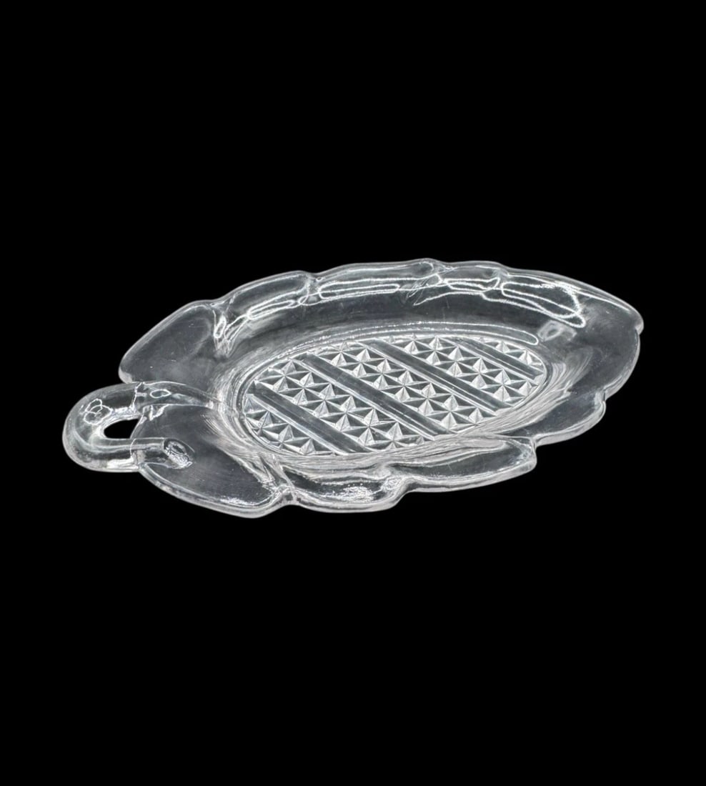 EAPG Bryce Bros Clear Uranium Glass Relish Leaf Dish 8.25" Diamond Quilted (1 of 4)