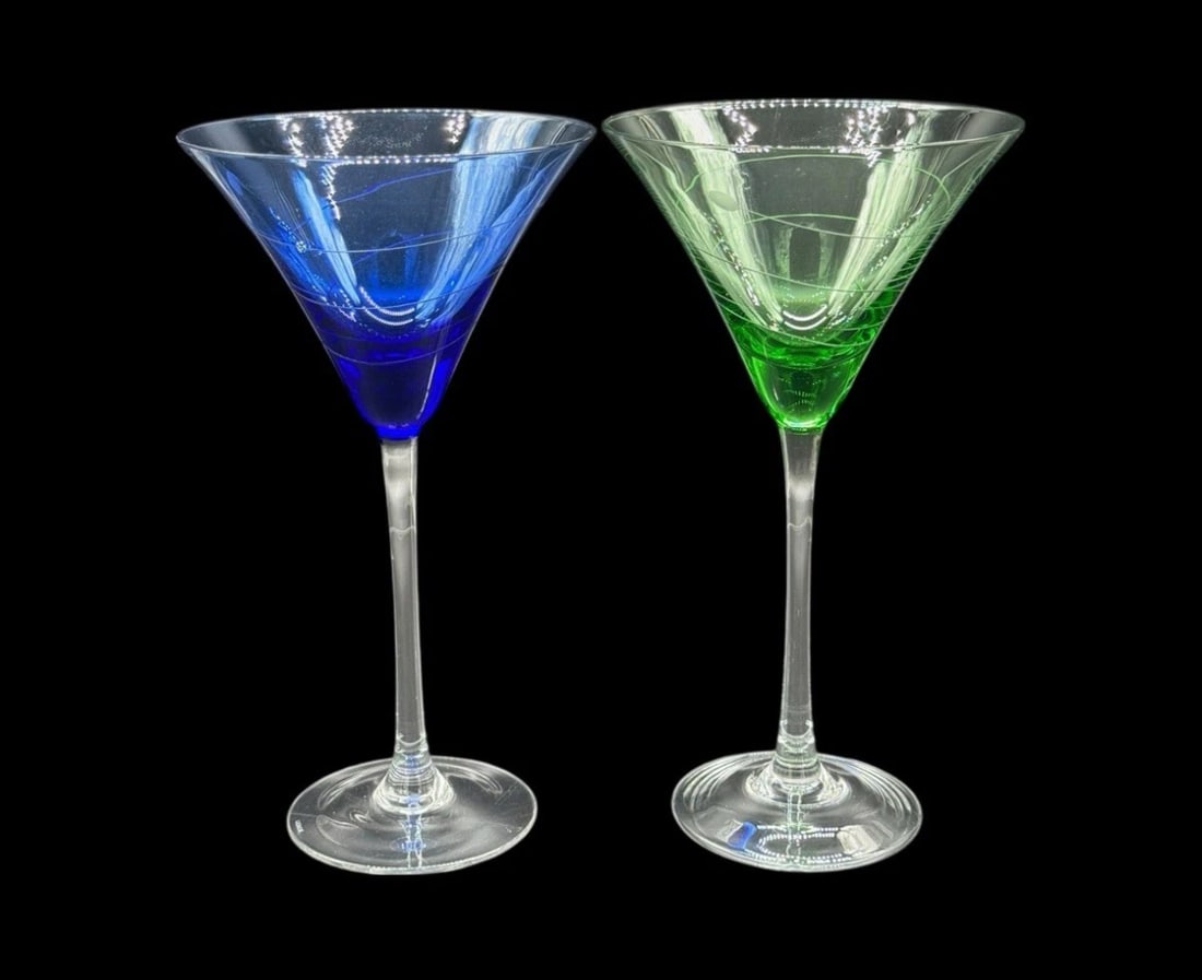 Vintage Lenox Tuscany Seasons Blue & Green Martini Glasses 8 3/4” Tall: The Vintage Lenox Tuscany Seasons Blue & Green Martini Glasses stand at a height of 8 3/4 inches, boasting a classic and elegant design perfect for serving your favorite cocktails. Made by the renowne