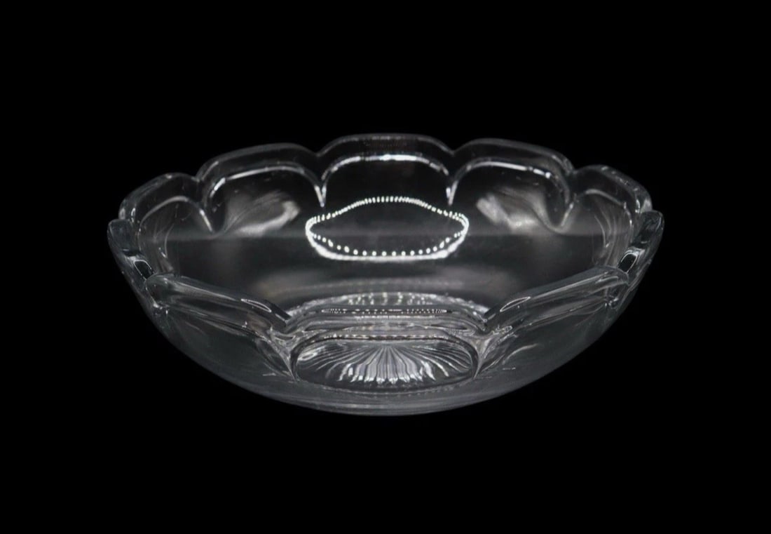 Heisey “Flat Panel Clear” Large Glass Serving Bowl: Heisey “Flat Panel Clear” Large Glass Serving Bowl featuring a scalloped rim with a classic paneled design. Measuring 10 1/2 inches wide and 3 1/2 inches tall, it is perfect for serving or dis