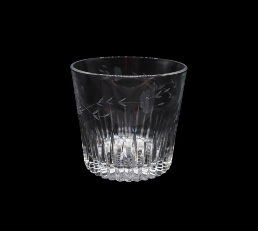 Princess House “Royal Highlights” Etched Glass Ice Bucket: Princess House “Royal Highlights” Ice Bucket featuring a delicate cut floral design in clear blown glass. Measuring 5 5/8 inches tall and 6 1/8 inches wide, it offers a graceful silhouette per