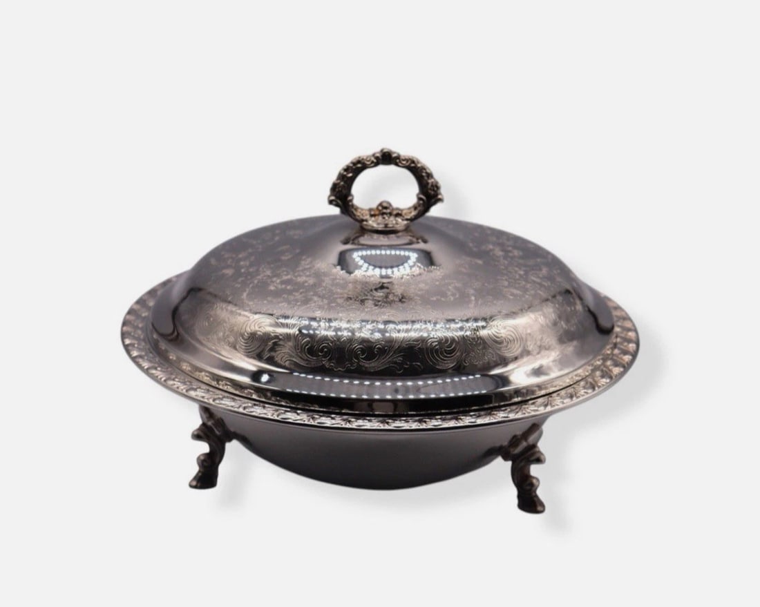 Vintage Silverplate Etched Lidded Serving Dish w/ Pyrex Glass Insert (1 of 3)