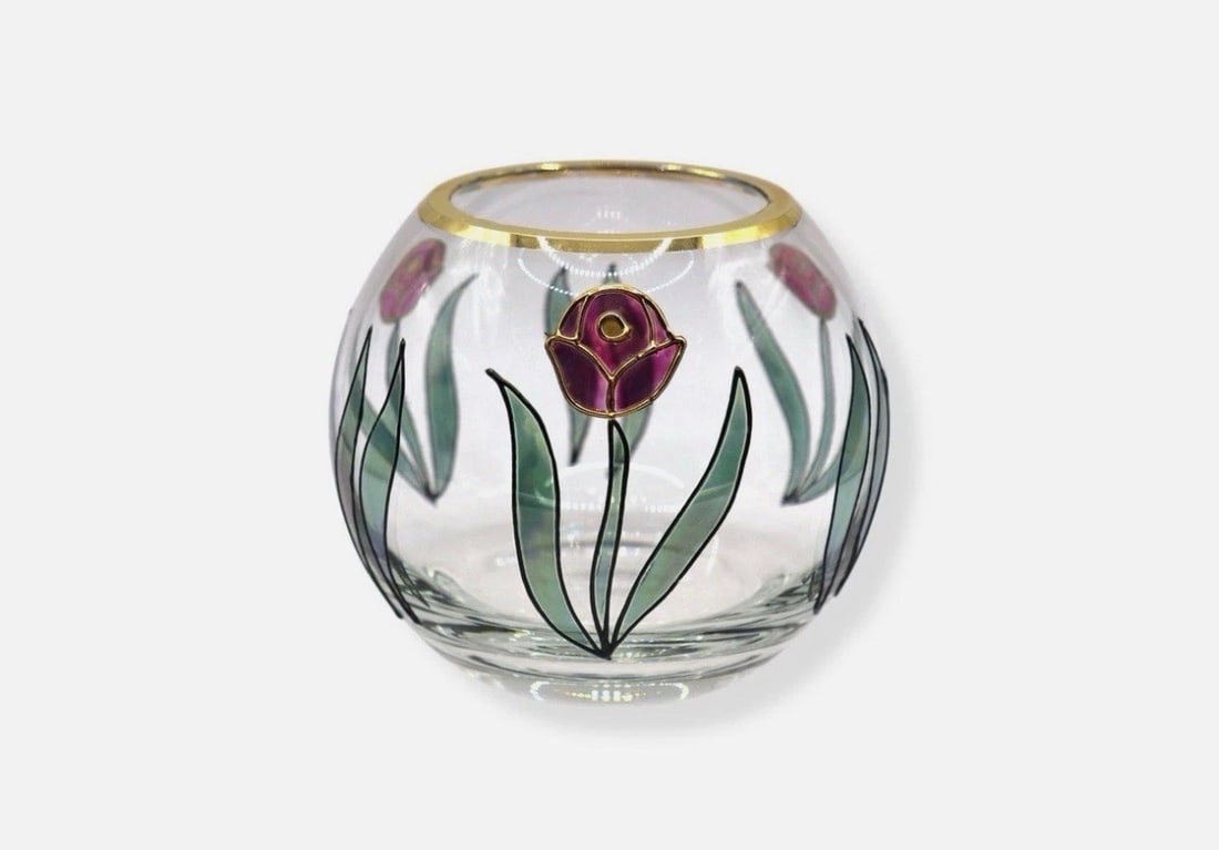 Vintage Rose Bowl with Applied Trim & Handpainted Flowers: Lovely and absolutely adorable rose bowl or circular vase in great vintage condition. This piece is small but definitely an eye catcher with beautiful hand painted flowers in the outside with gold tri