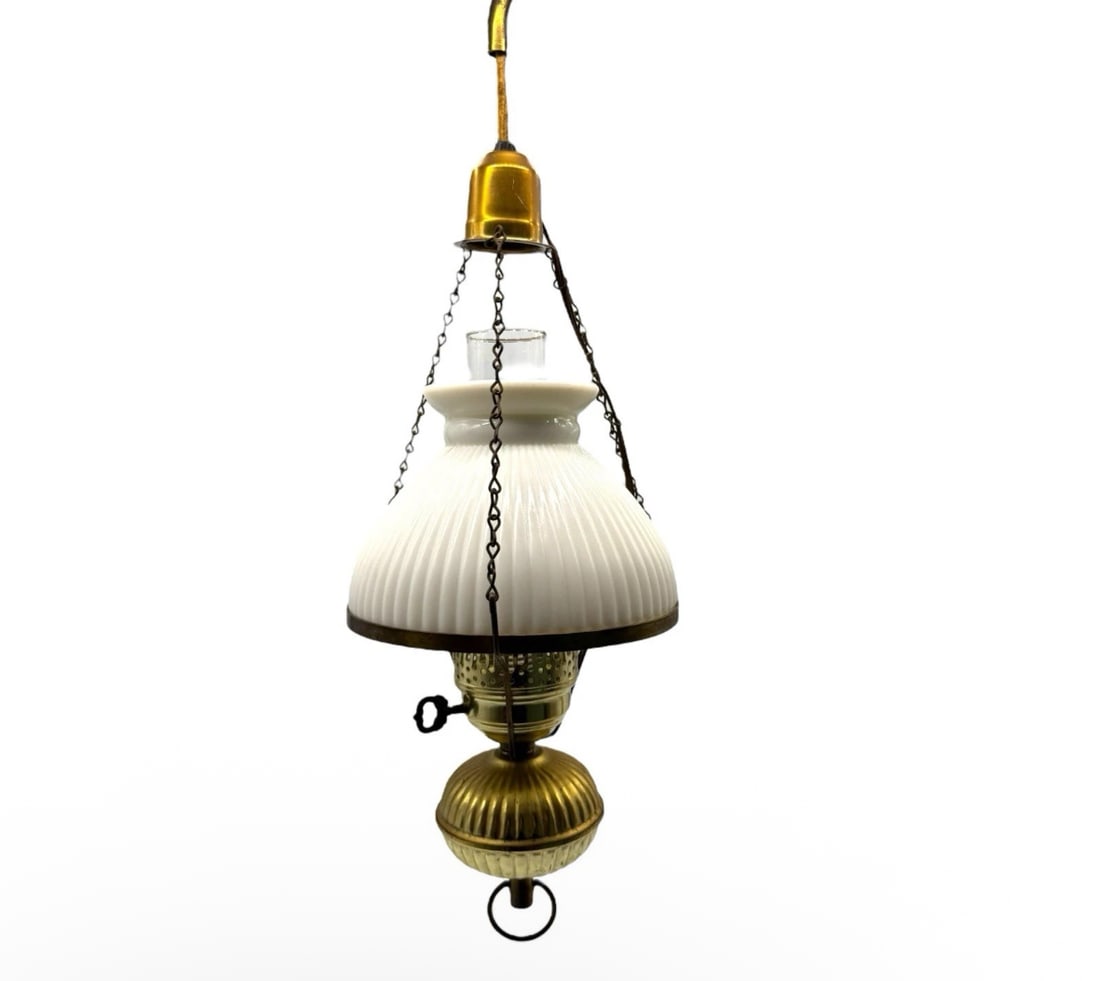 Vintage Brass W/ Milk Glass Globe Electrified Hanging Oil Lamp (1 of 5)