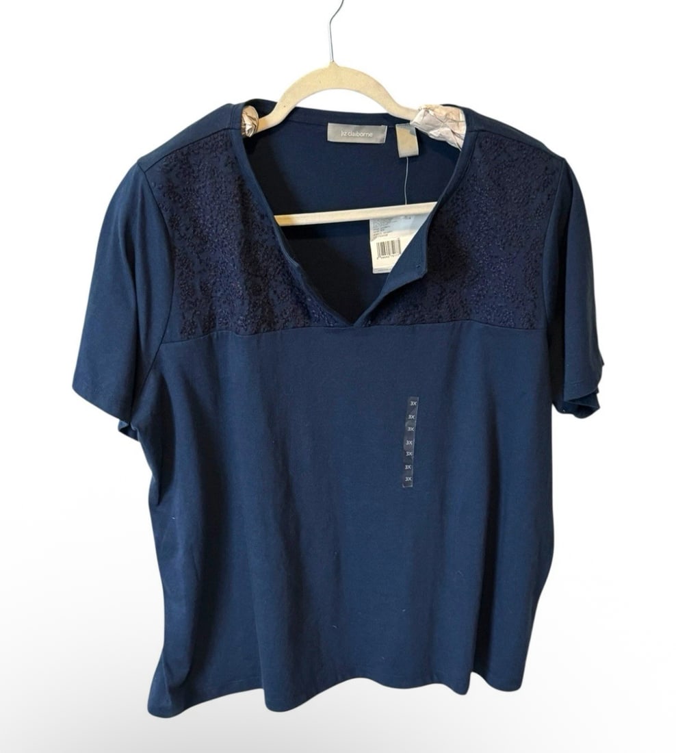 NWT Women’s Liz Claiborne Blue Cotton V-Neck Short Sleeve Blouse Size 3X (1 of 3)