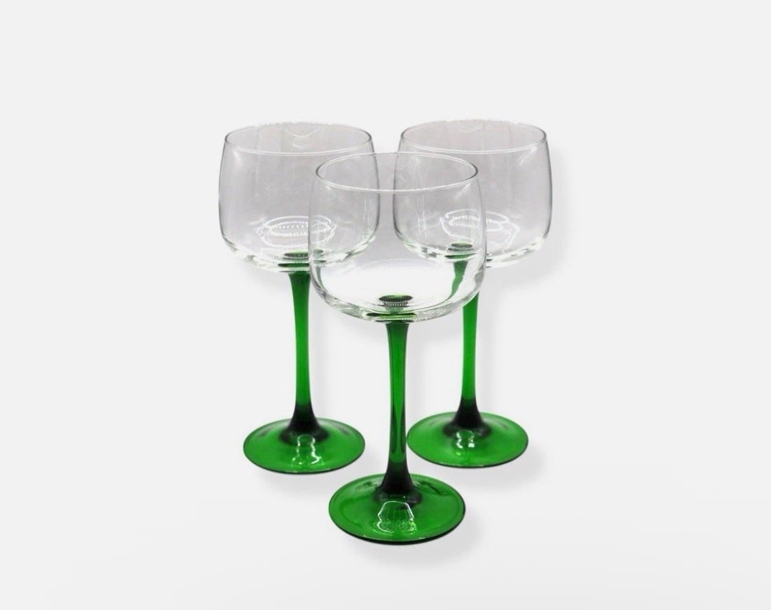 Cristal D’Arques-Durand “Emerald” Hock Wine Glasses - Set of 3: Set of 3 Cristal D’Arques-Durand “Emerald” Hock Wine Glasses featuring elegant clear bowls paired with striking emerald green stems for a bold yet refined look. Each glass stands 7 inches ta