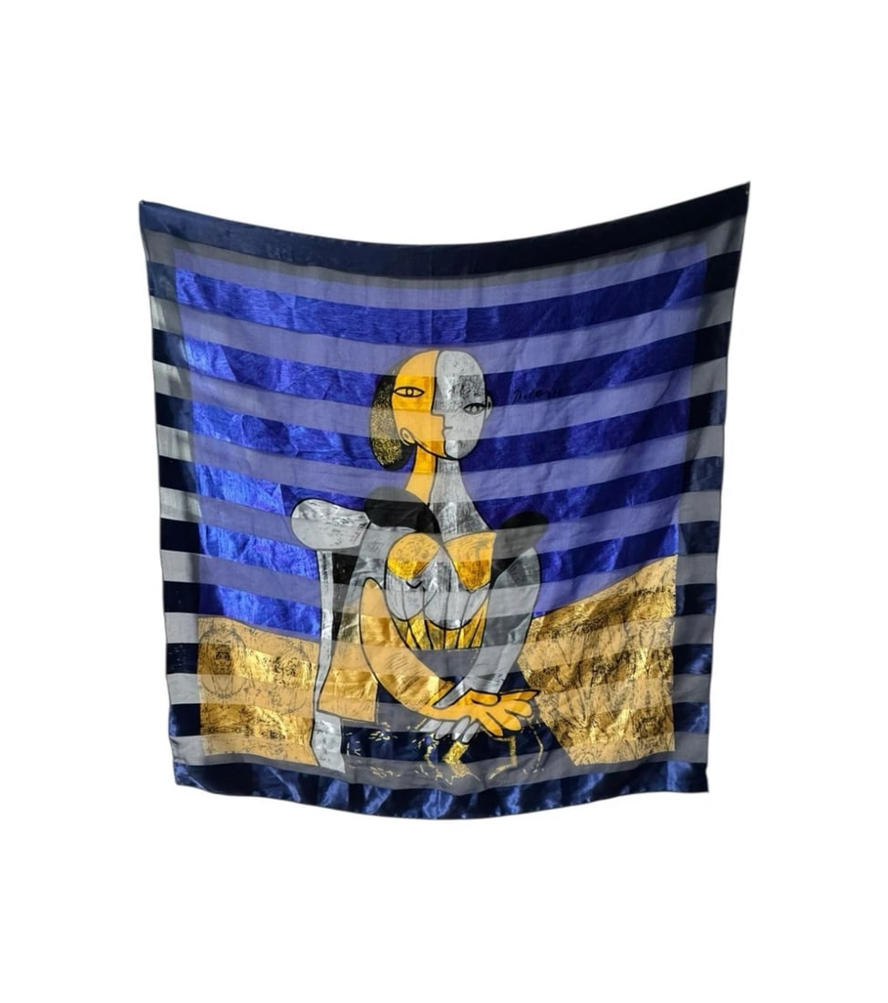 Vintage Picasso Art Seated Woman Vibrant Silk Scarf 39”x40”: The Vintage Picasso Art Seated Woman Vibrant Silk Scarf is a stunning accessory for women, featuring a vibrant multicolor design that showcases a Picasso art seated woman theme. Measuring 39”x40