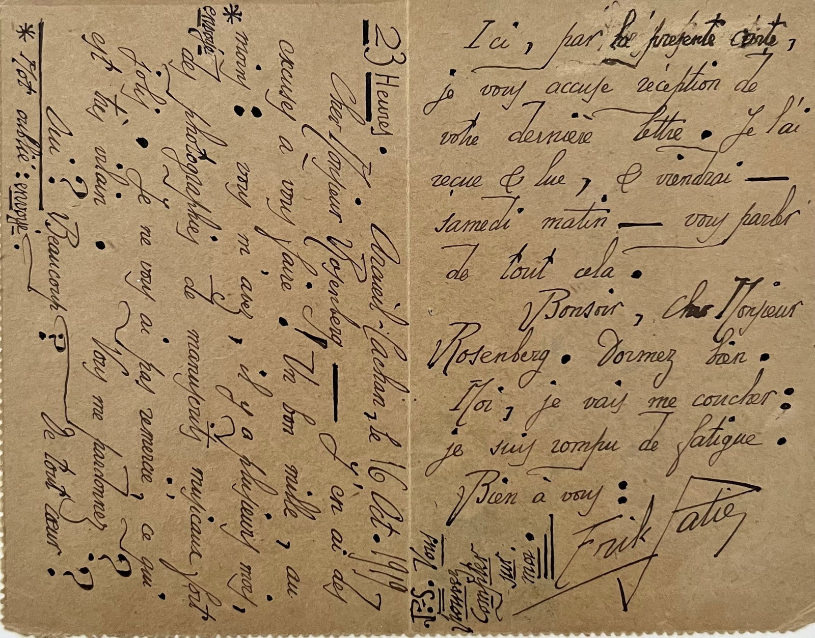 Charming Erik Satie ALS to Art Dealer Leonce Rosenberg: SATIE, ERIK. (1866-1925). French composer. ALS. (“Erik Satie”). 2pp. 12mo. Arcueil-Cachan, October 16, 1919. To influential French art dealer LÉONCE ROSENBERG (1879-1947). In French w