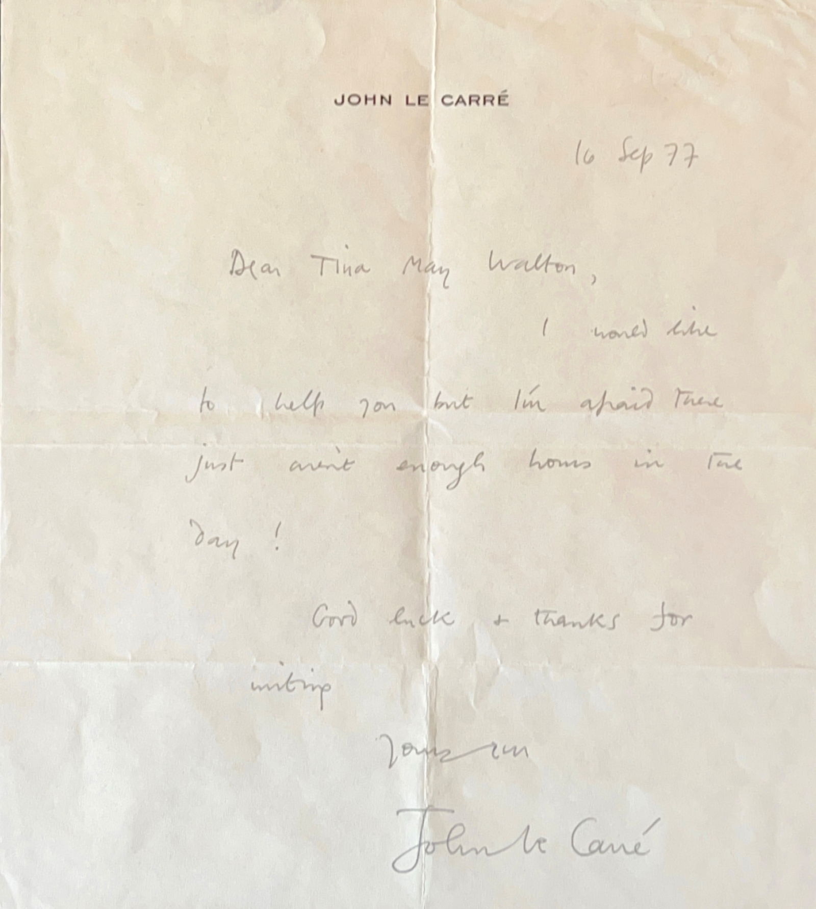 Le Carré Has No Time to Assist an Aspiring Writer (1 of 1)