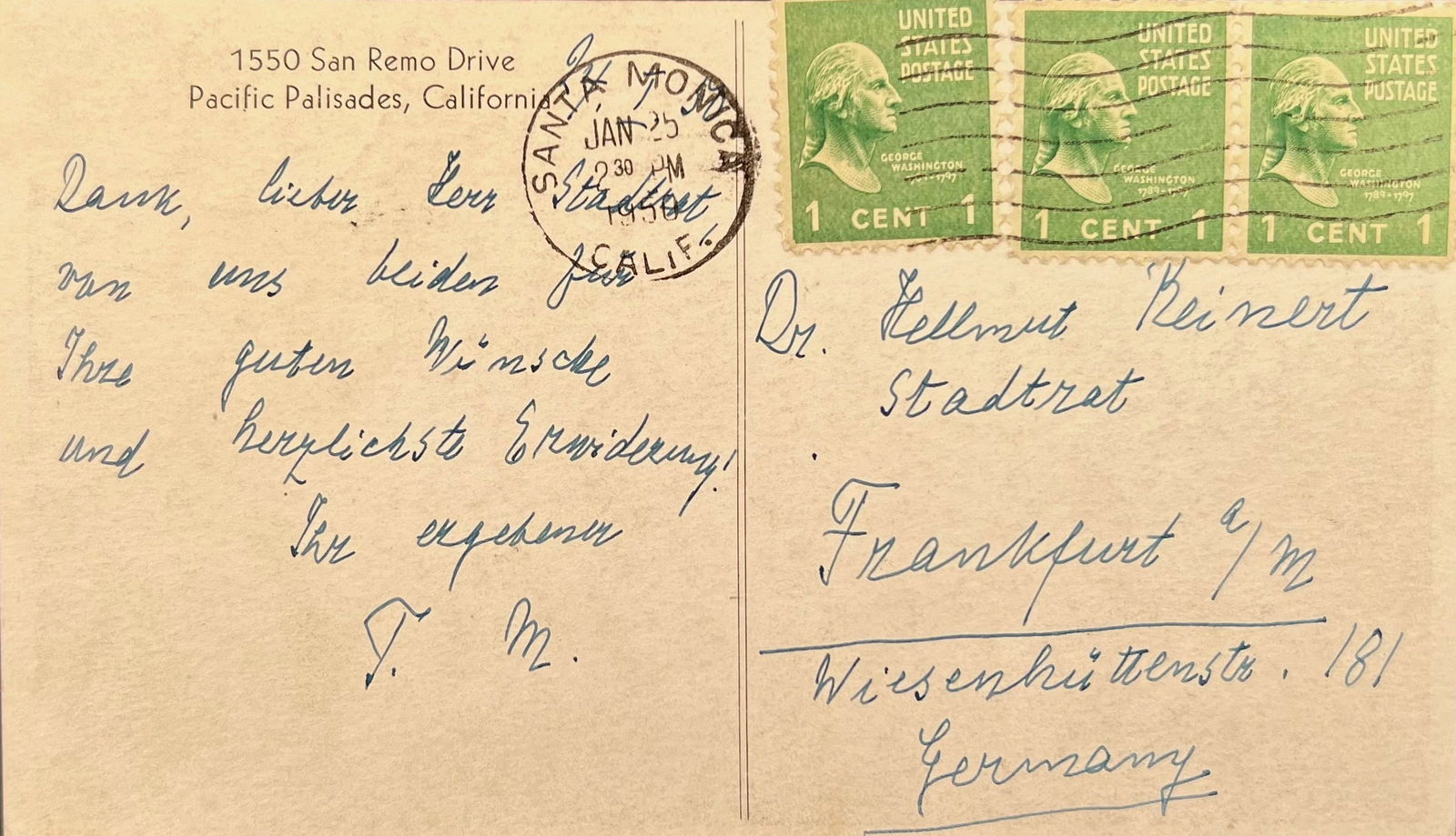Brief Note From Thomas Mann’s Home in California’s Pacific Palisades: MANN, THOMAS. (1875-1955). German writer and Nobel Prize winner. APCS. (“TM”). 1p. Postcard. Pacific Palisades, January 24, 1950. To the German lawyer and Frankfurt politician, DR. HELLMUT REI