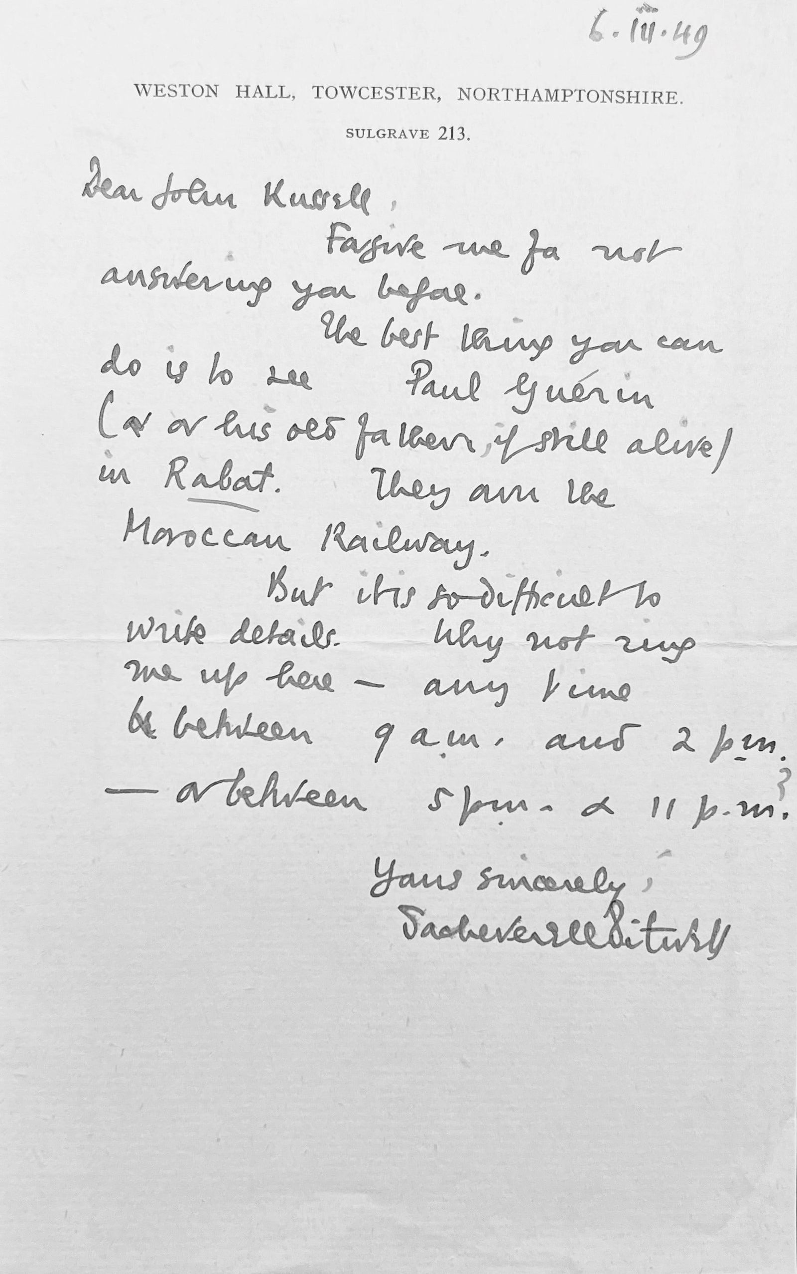 Sacheverell Sitwell ALS to Art Critic John Russell (1 of 1)