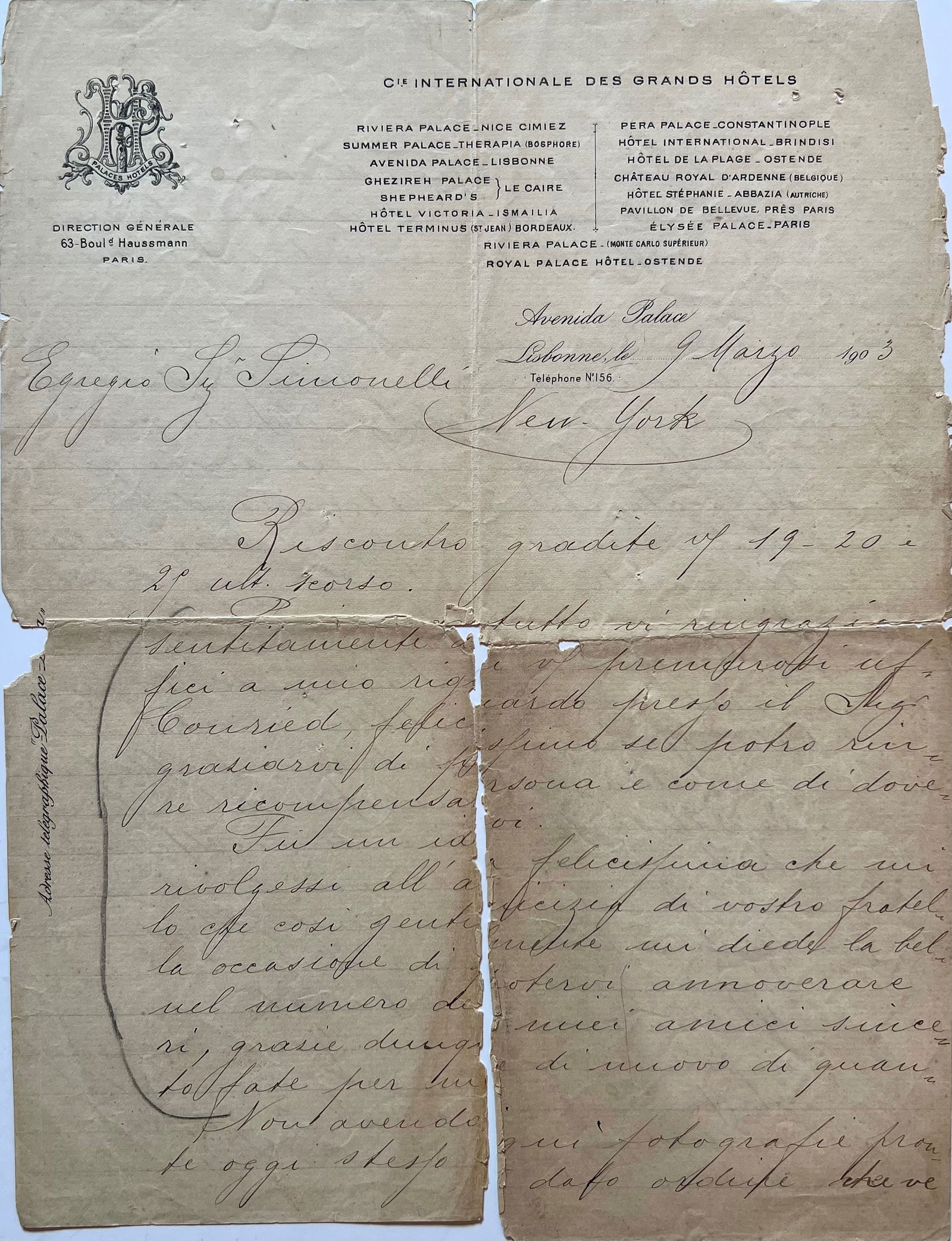 Excellent Caruso Letter Written During his Triumphal 1903 European Tour Prior to MET Opera Debut (1 of 3)