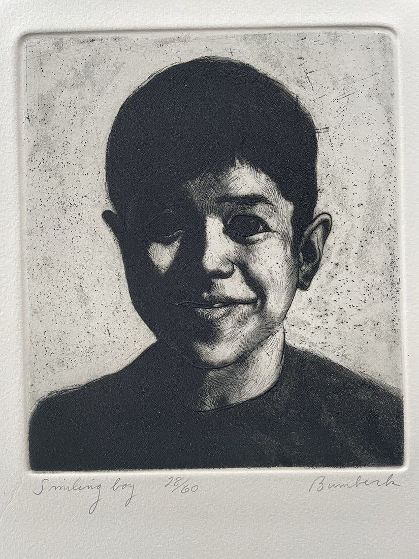 Smiling Boy : David Bumbeck b. 1940 American. Degree from Rhode Island School of Design and MFA from Syracuse University. Penciled signed, titled, and numbered by the artist. Created: 1980. Condition: Excellent. O