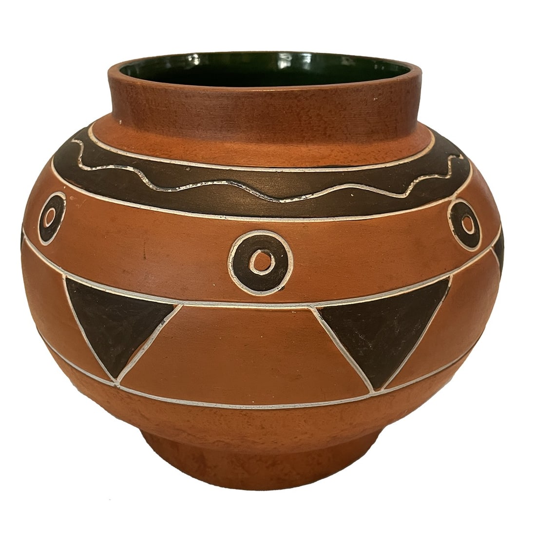 Vintage Redware Pot: Vintage Leopoldo de Mexico folk art. Redware pottery vase interior is green glazed. 7h x 8 diameter 5 top opening