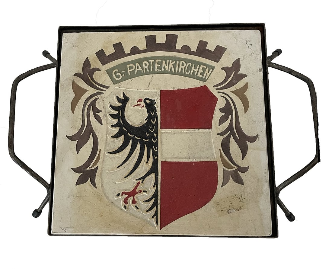 Austrian Ceramic Trivet: Antique Garmisch Partenkirchen Coat of Arms ceramic trivet with stand. 2h x 8w x 6d