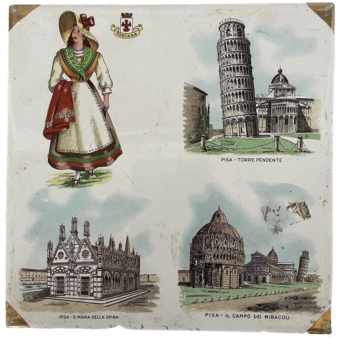 Antique Italian Ceramic Trivet: Antique Italian souvenir trivet featuring Toscana Pisa landmarks and traditional dress. 6w x 6h