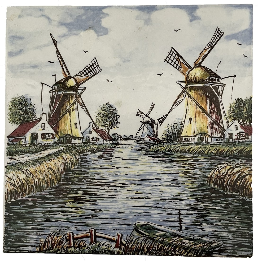 Dutch Souvenir Trivet: Vintage hand painted Dutch three windmills ceramic trivet. 6w x 6h