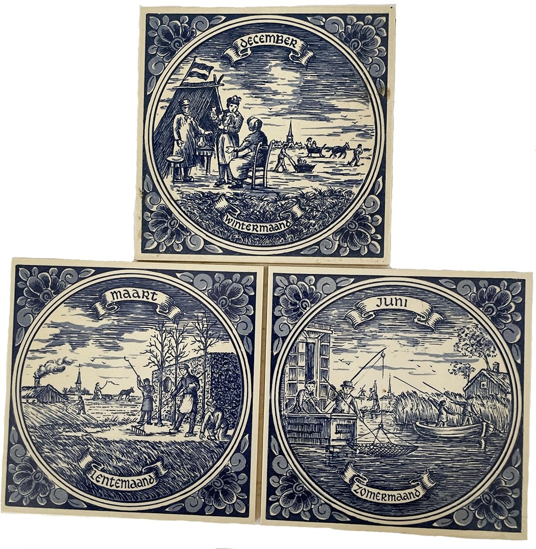 Antique Delft Blue Trivets: Set of three antique Delft Blauw Spring, Summer, & Winter ceramic trivets. 6w x 6h