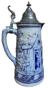 Antique German Stoneware Pewter Lidded Jug